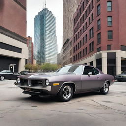 A 1974 Plymouth Barracuda in matte gray with dark plum-colored trim