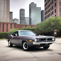 A 1974 Plymouth Barracuda in matte gray with dark plum-colored trim