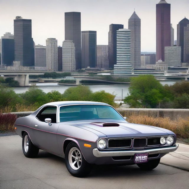 A 1974 Plymouth Barracuda in matte gray with dark plum-colored trim