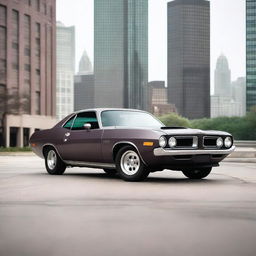 A 1974 Plymouth Barracuda in matte gray with dark plum-colored trim