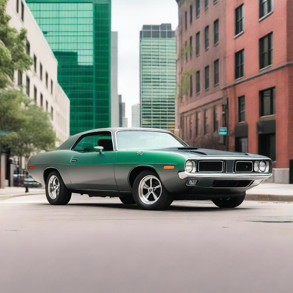 A 1974 Plymouth Barracuda in matte gray with emerald green trim