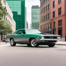 A 1974 Plymouth Barracuda in matte gray with emerald green trim