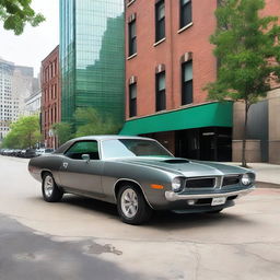 A 1974 Plymouth Barracuda in matte gray with emerald green trim