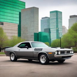 A 1974 Plymouth Barracuda in matte gray with emerald green trim