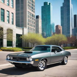 A 1974 Plymouth Barracuda in matte gray with emerald green trim