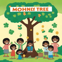 Create a cover for a book named 'The Money Tree' which has 100+ activities for children to introduce them to personal financing