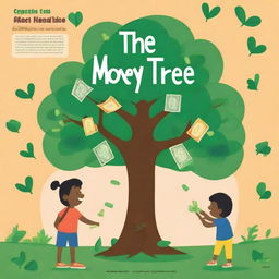 Create a cover for a book named 'The Money Tree' which has 100+ activities for children to introduce them to personal financing