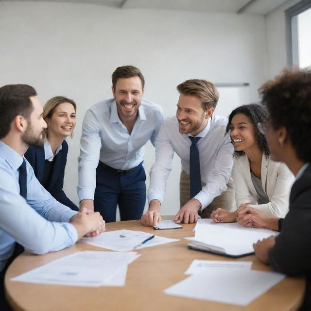 A dynamic meeting in progress in a modern corporate organization, marked by the satisfied expressions and positive body language of diverse and engaged employees.