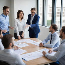 A dynamic meeting in progress in a modern corporate organization, marked by the satisfied expressions and positive body language of diverse and engaged employees.