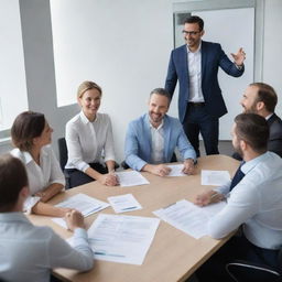 A dynamic meeting in progress in a modern corporate organization, marked by the satisfied expressions and positive body language of diverse and engaged employees.