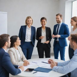 A dynamic meeting in progress in a modern corporate organization, marked by the satisfied expressions and positive body language of diverse and engaged employees.