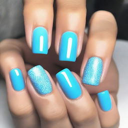 A nail design in sky blue tones, featuring square-shaped nails