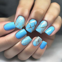 A nail design in sky blue tones, featuring square-shaped nails