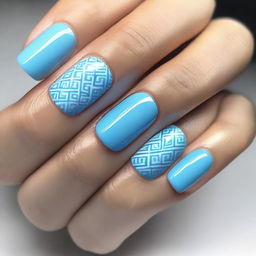 A nail design in sky blue tones, featuring square-shaped nails