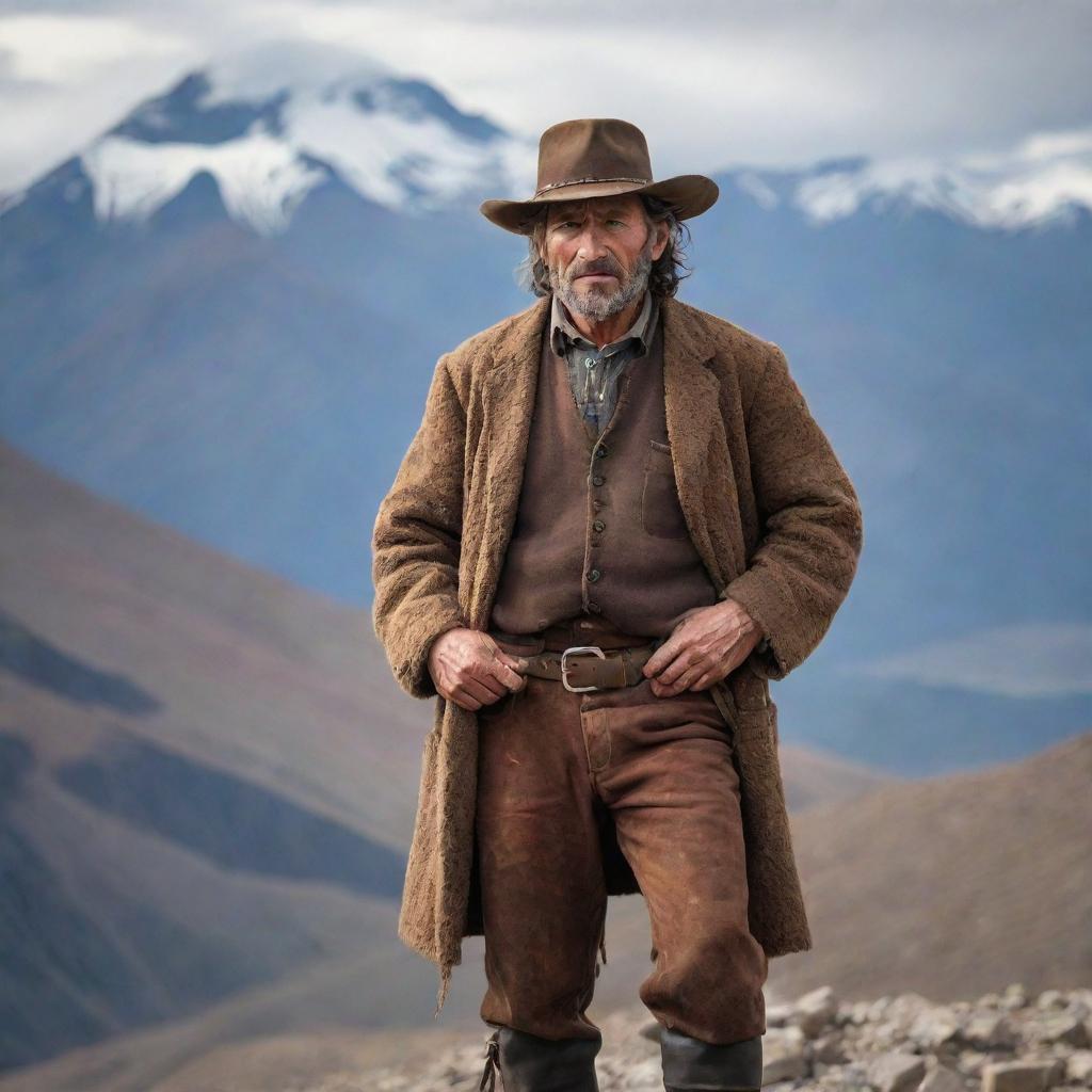 A strong Argentine mountain man, with weathered skin, a robust physique, traditional gaucho attire, and standing atop a rugged Andes peak with an intense gaze over the vast terrain.