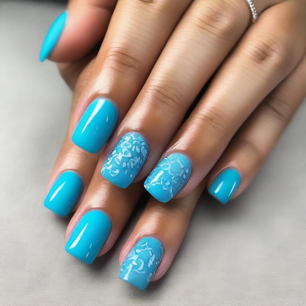 A modern nail design in sky blue tones, featuring square-shaped nails