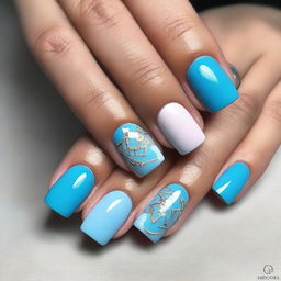 A modern nail design in sky blue tones, featuring square-shaped nails