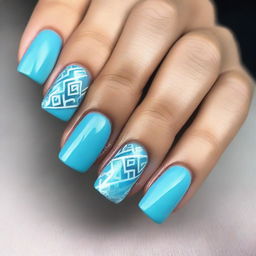 A modern nail design in sky blue tones, featuring square-shaped nails