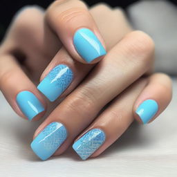 A modern nail design in sky blue tones, featuring square-shaped nails