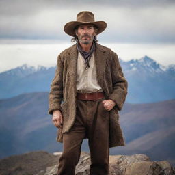 A strong Argentine mountain man, with weathered skin, a robust physique, traditional gaucho attire, and standing atop a rugged Andes peak with an intense gaze over the vast terrain.