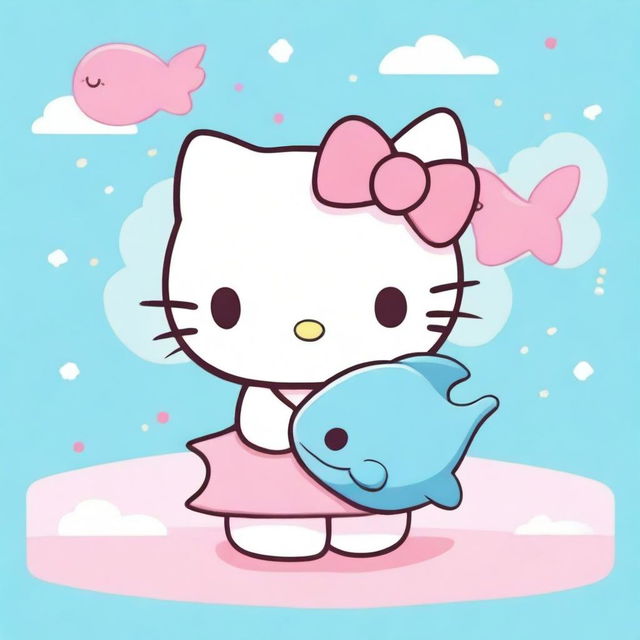 Create an image of Hello Kitty holding a cute shark plushie