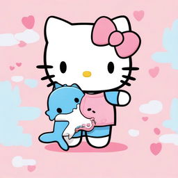 Create an image of Hello Kitty holding a cute shark plushie