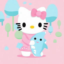 Create an image of Hello Kitty holding a cute shark plushie