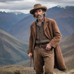 A strong Argentine mountain man, with weathered skin, a robust physique, traditional gaucho attire, and standing atop a rugged Andes peak with an intense gaze over the vast terrain.