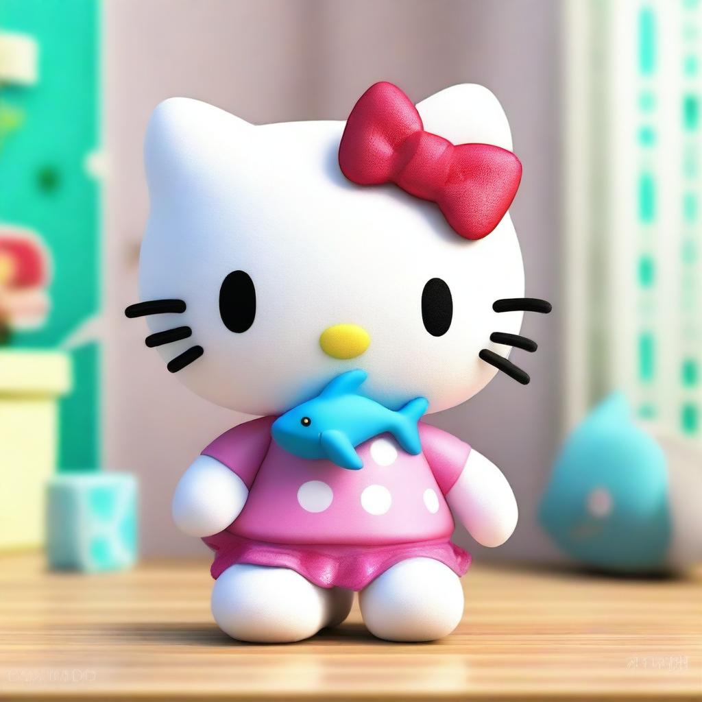 Create a 3D realistic image of Hello Kitty holding a shark plushie