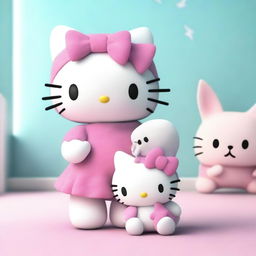 Create a 3D realistic image of Hello Kitty holding a shark plushie