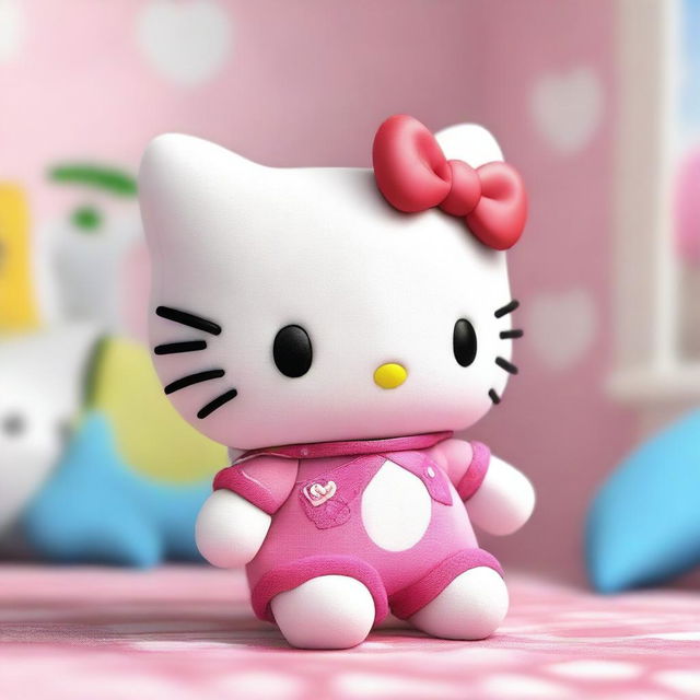 Create a 3D realistic image of Hello Kitty holding a shark plushie