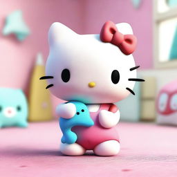 Create a 3D realistic image of Hello Kitty holding a shark plushie