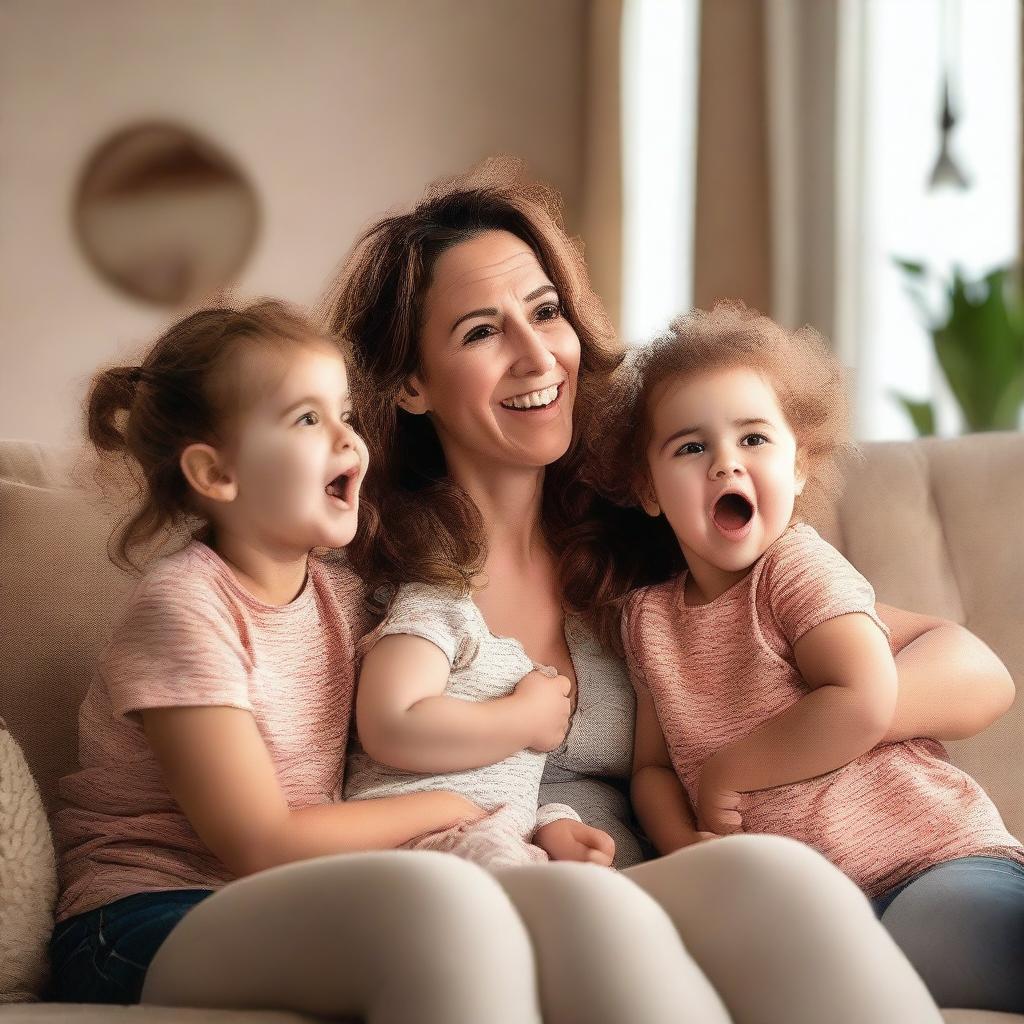 A woman is squeezing the cheeks of her twin children while looking amazed