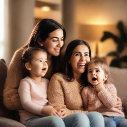 A woman is squeezing the cheeks of her twin children while looking amazed