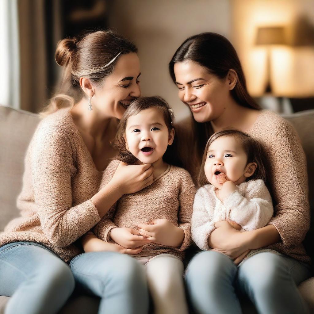 A woman is squeezing the cheeks of her twin children while looking amazed