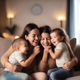 A woman is squeezing the cheeks of her twin children while looking amazed