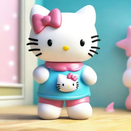 Create a 3D realistic image of an older Hello Kitty holding a shining shark plushie