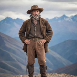 A strong Argentine mountain man, with weathered skin, a robust physique, traditional gaucho attire, and standing atop a rugged Andes peak with an intense gaze over the vast terrain.