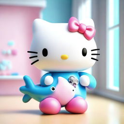 Create a 3D realistic image of an older Hello Kitty holding a shining shark plushie