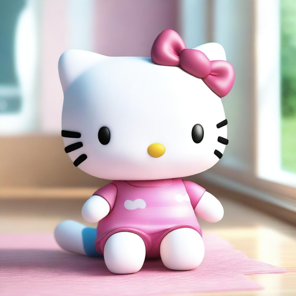 Create a 3D realistic image of an older Hello Kitty holding a shining shark plushie