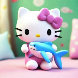 Create a 3D realistic image of an older Hello Kitty holding a shining shark plushie