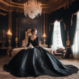 A young, beautiful aristocratic woman is in a grand castle, wearing elegant black clothes