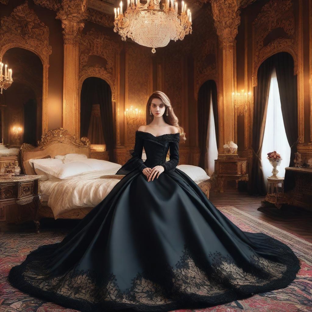 A young, beautiful aristocratic woman is in a grand castle, wearing elegant black clothes