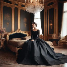 A young, beautiful aristocratic woman is in a grand castle, wearing elegant black clothes