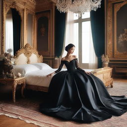 A young, beautiful aristocratic woman is in a grand castle, wearing elegant black clothes