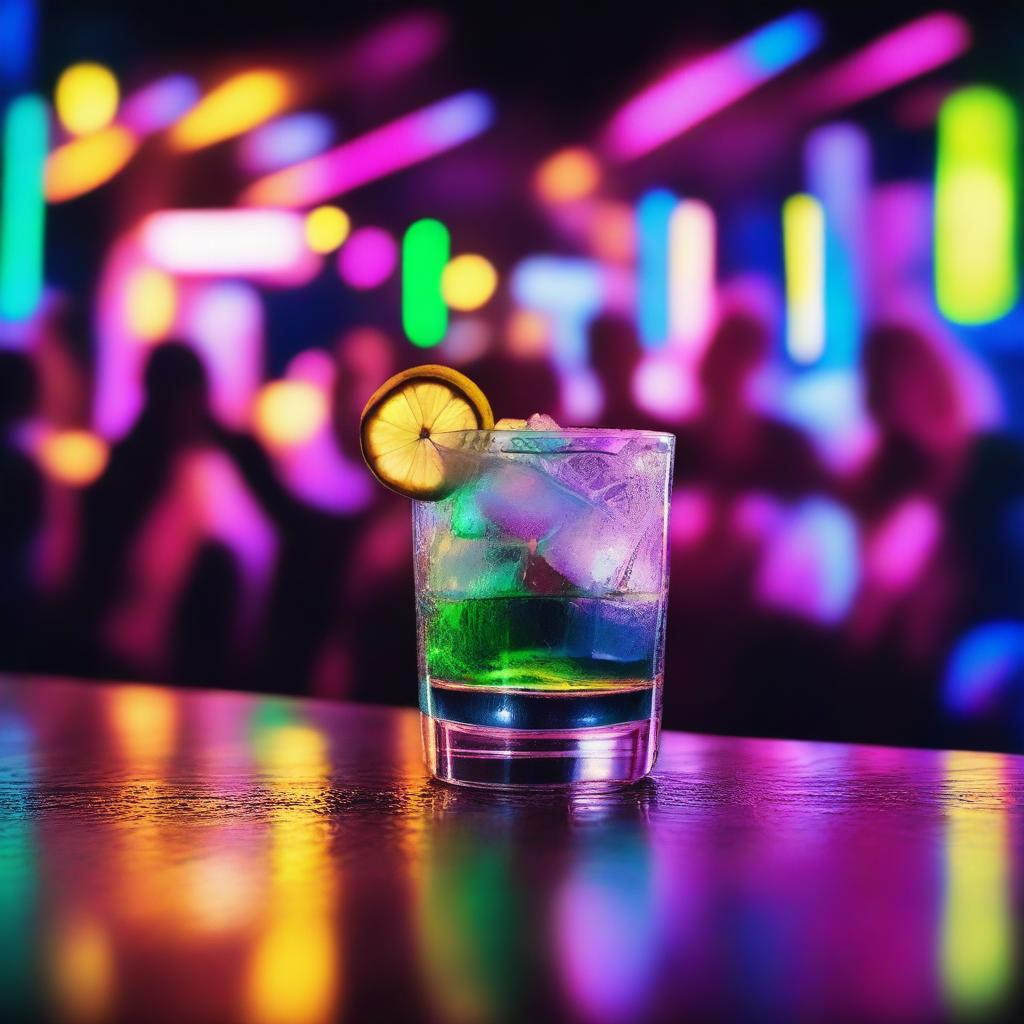 A vibrant music cover featuring a glass of gin in the foreground, with a lively club scene in the background