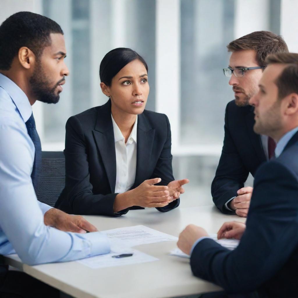 Image depicting a tense moment in a modern corporate setting, with diverse employees engaged in a serious discussion or debate, reflecting conflict and disagreement.