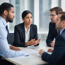 Image depicting a tense moment in a modern corporate setting, with diverse employees engaged in a serious discussion or debate, reflecting conflict and disagreement.