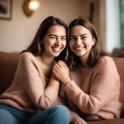 A girl passionately squeezing the cheeks of another woman who is her twin