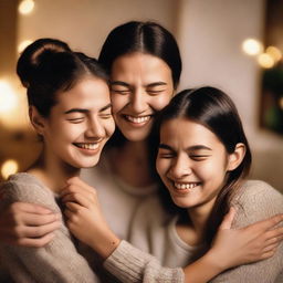 A girl passionately squeezing the cheeks of another woman who is her twin